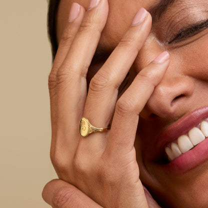 Birth Flower Signet Ring in Glamour Jewelry House gift box — 18K Gold Vermeil mother's day gift. Hypoallergenic, no green.