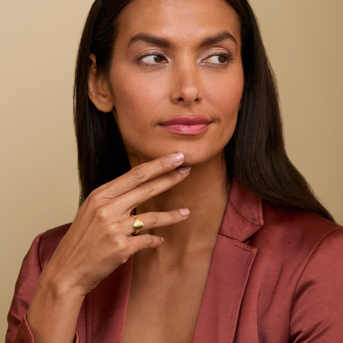 Birth Flower Signet Ring styled with complementary pieces in 18K Gold Vermeil. Tarnish-resistant, layered looks.