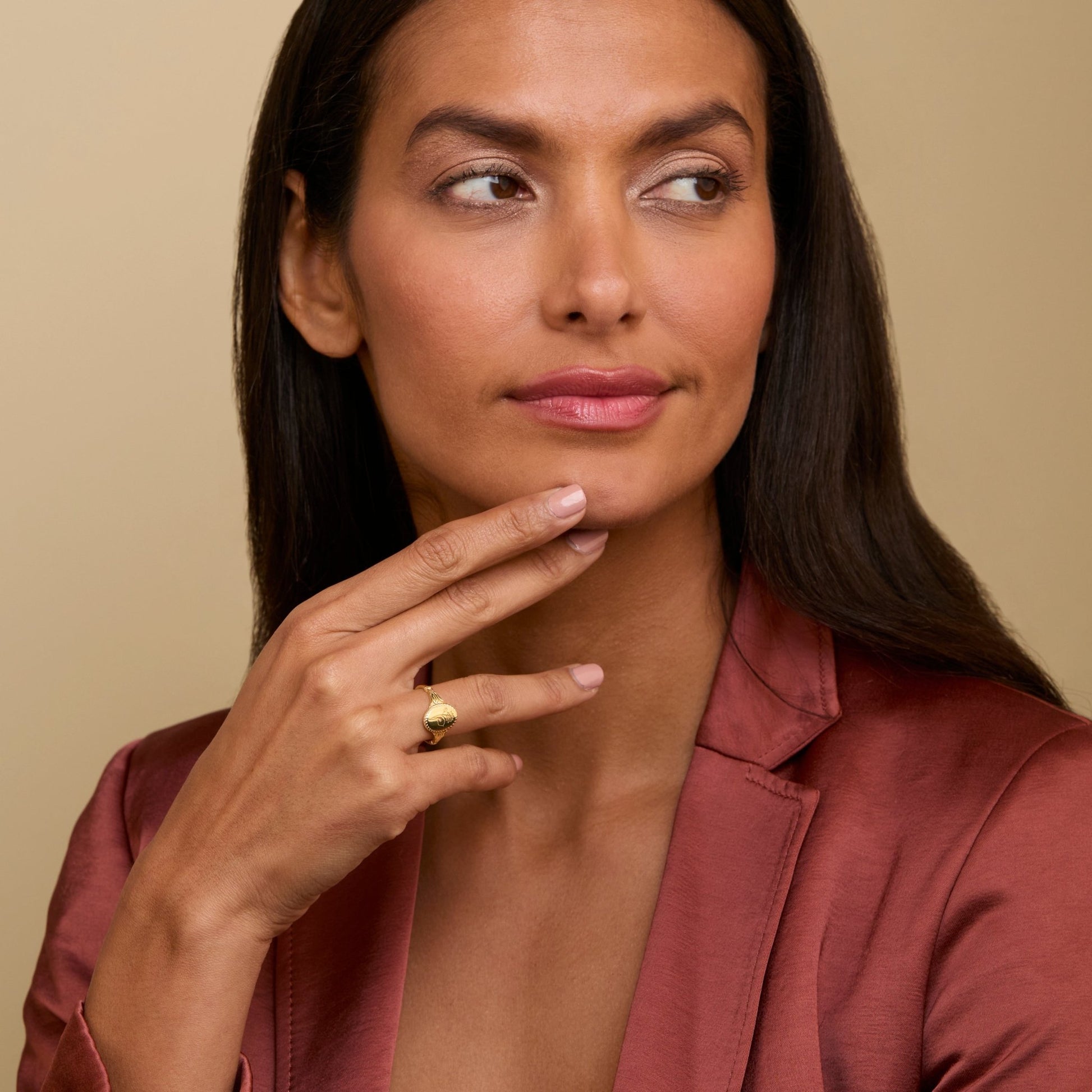 Birth Flower Signet Ring styled with complementary pieces in 18K Gold Vermeil. Tarnish-resistant, layered looks.