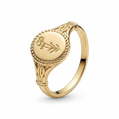 Birth Flower Signet Ring in 18K Gold Vermeil. Tarnish-resistant, perfect for daily wear.