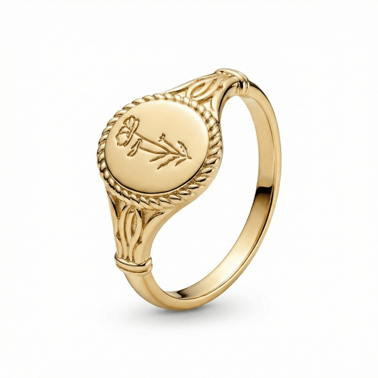 Birth Flower Signet Ring in 18K Gold Vermeil. Tarnish-resistant, perfect for daily wear.