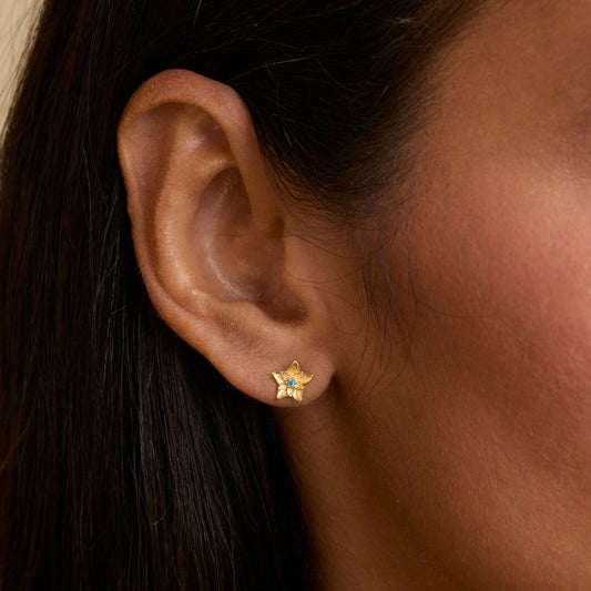 Close detail of the Birth Flower Stud Earrings in 18K Gold Vermeil. Tarnish-resistant, premium handmade jewelry.