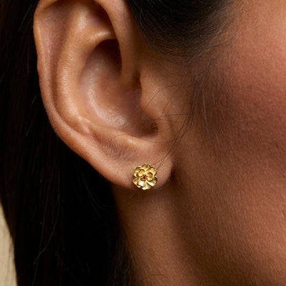 Macro detail of the Birth Flower Stud Earrings showcasing craftsmanship in 18K Gold Vermeil. No green marks, handmade.
