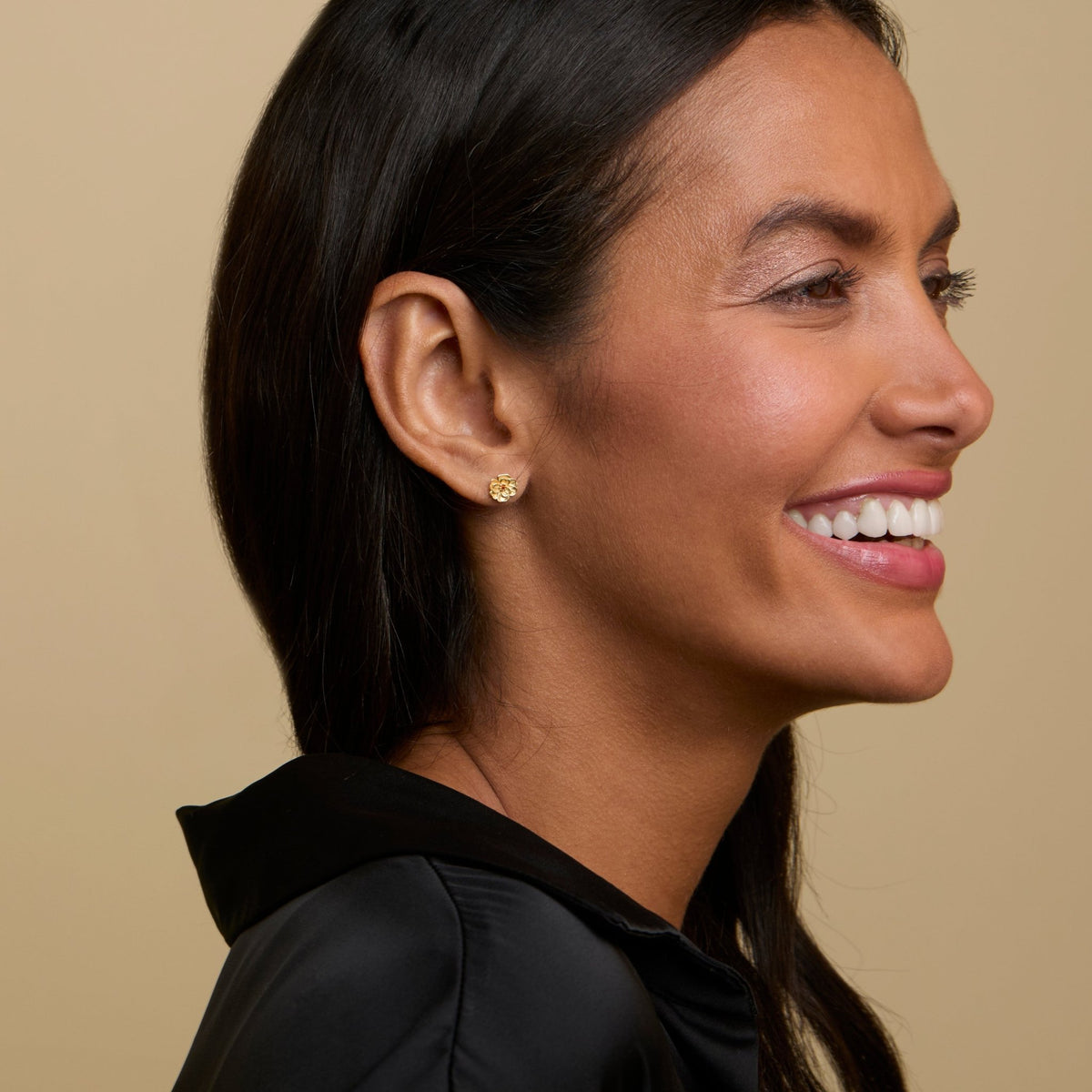 The Birth Flower Stud Earrings styled in 18K Gold Vermeil — elegant everyday jewelry. Hypoallergenic for sensitive ears.