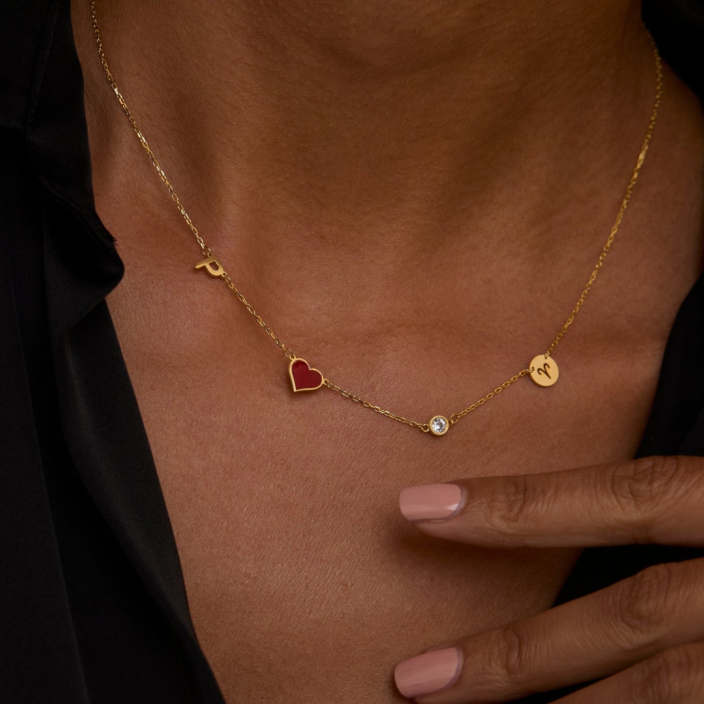 Close detail of the Birthstone Horoscope Initial Necklace in 18K Gold Vermeil with Birthstone. Safe for sensitive skin.