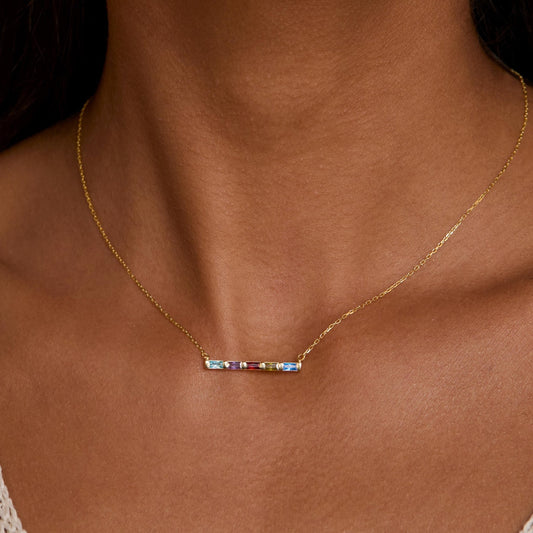 Close detail of the Birthstone Bar Necklace in 18K Gold Vermeil with Birthstone. Safe for sensitive skin, premium handmade.