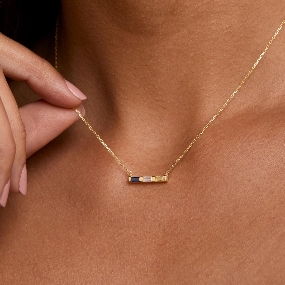 The Birthstone Bar Necklace styled in 18K Gold Vermeil — elegant everyday jewelry. Hypoallergenic, no green marks.