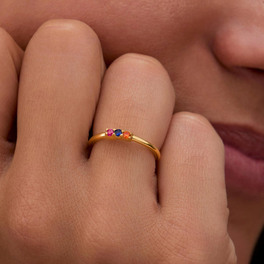 Close detail of the Birthstone Ring in 18K Gold Vermeil with Birthstone. Hypoallergenic, no green marks, premium handmade.