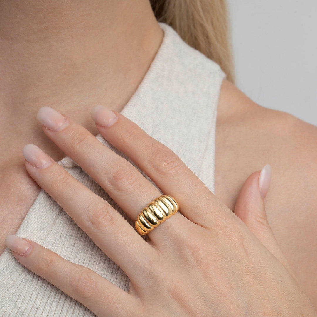 Close detail of the Bold Croissant Ring in 18K Gold Vermeil. Hypoallergenic, no green marks, premium handmade jewelry.