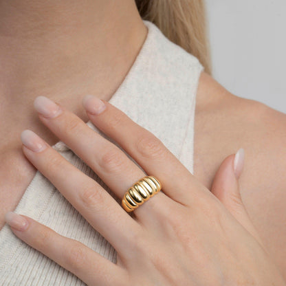 Close detail of the Bold Croissant Ring in 18K Gold Vermeil. Hypoallergenic, no green marks, premium handmade jewelry.