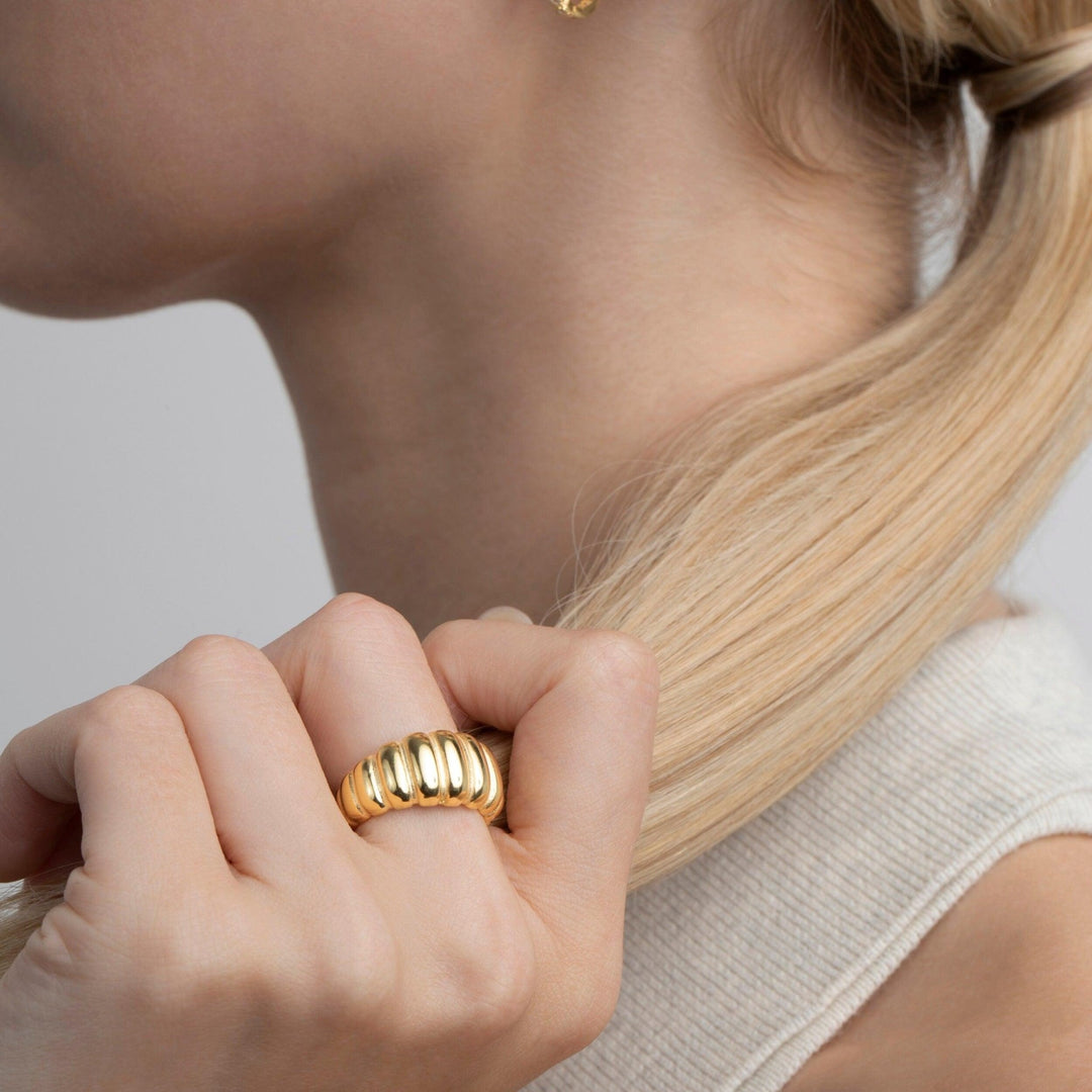 The Bold Croissant Ring styled in 18K Gold Vermeil — elegant everyday jewelry. Tarnish-resistant.