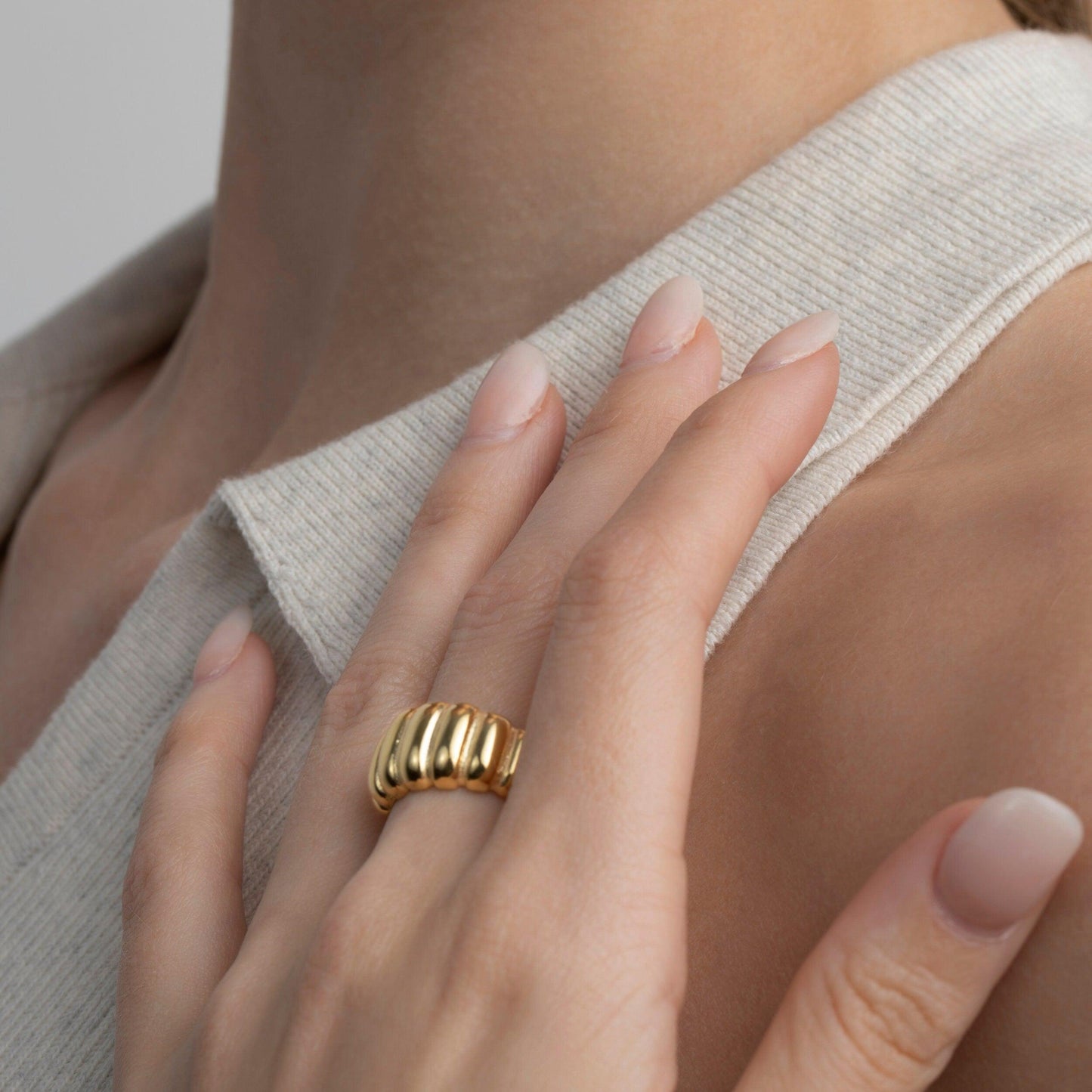 Bold Croissant Ring in Glamour Jewelry House gift box — 18K Gold Vermeil graduation gift. Hypoallergenic, no green marks.