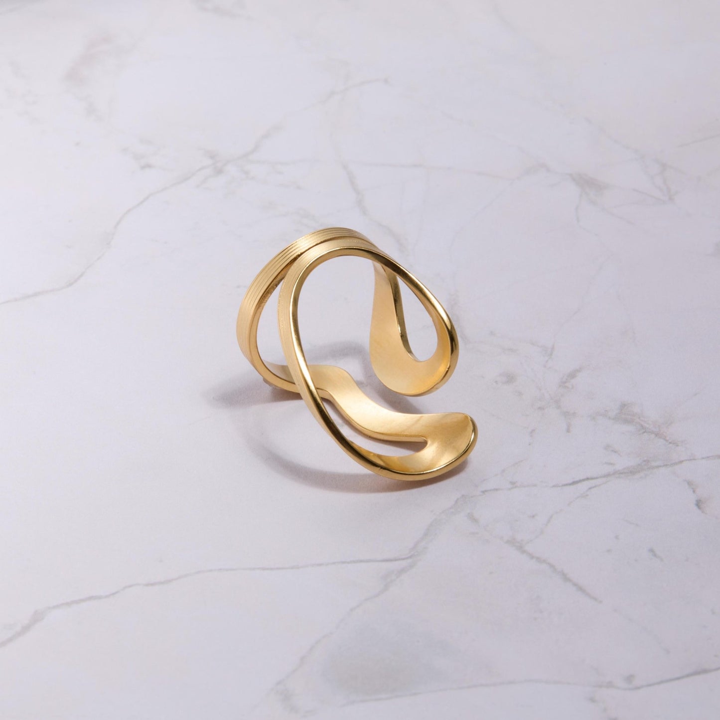 Macro detail of the Bold Statement Ring showcasing craftsmanship in Gold-Plated Steel. Tarnish-resistant, handmade.