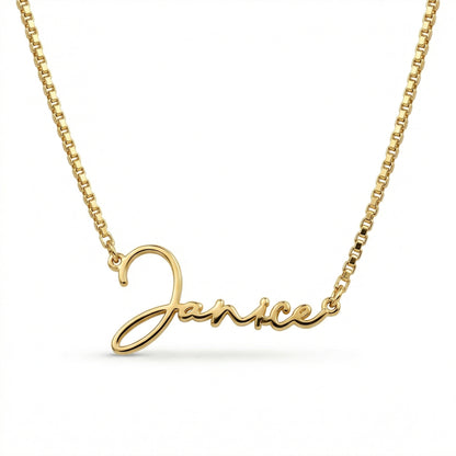 Box Chain Name Necklace in 18K Gold Vermeil. Tarnish-resistant, perfect for daily wear.