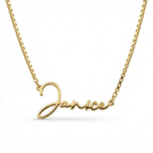 Box Chain Name Necklace in 18K Gold Vermeil. Tarnish-resistant, perfect for daily wear.