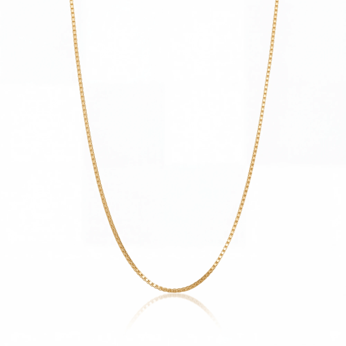 Box Chain Necklace on white — 1.3 mm square-link gold chain.