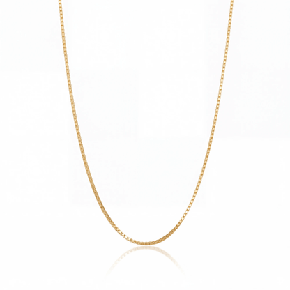 Box Chain Necklace on white — 1.3 mm square-link gold chain.