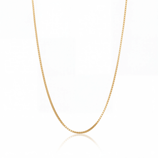 Box Chain Necklace on white — 1.3 mm square-link gold chain.