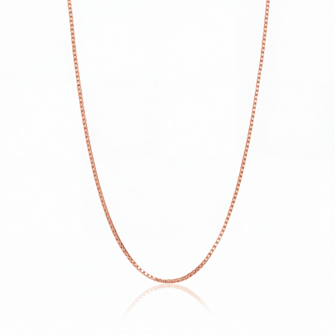 Box Chain Necklace in rose gold — 1.3 mm square-link chain.