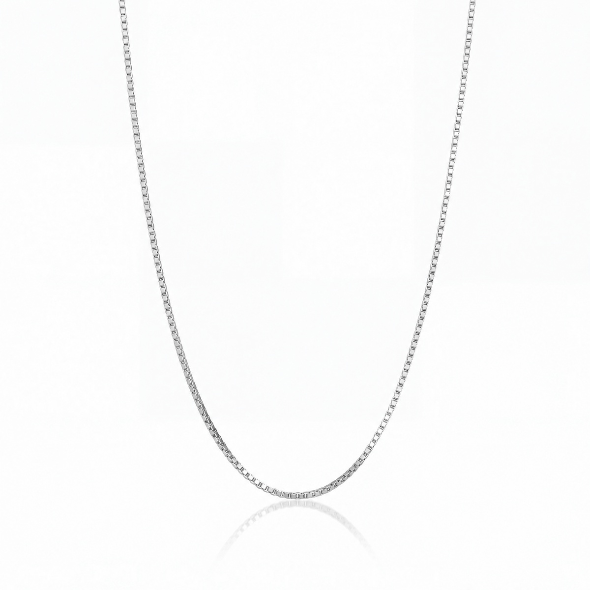 Box Chain Necklace in silver / white gold tone — 1.3 mm square-link chain.