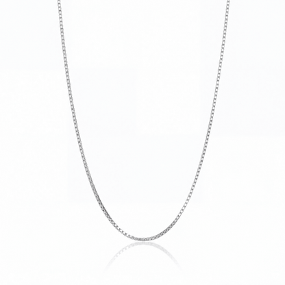 Box Chain Necklace in silver / white gold tone — 1.3 mm square-link chain.