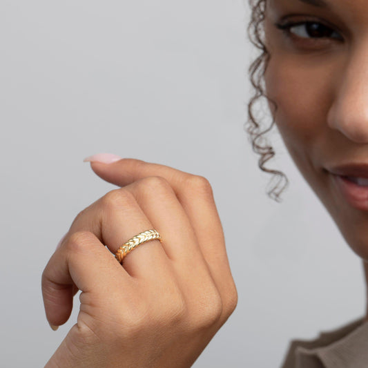 Close detail of the Braided Band Stackable Ring in 18K Gold Vermeil. Hypoallergenic, no green marks, premium handmade.