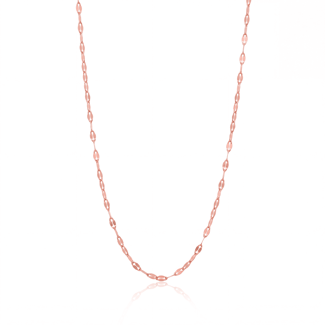 Rose gold buc chain necklace, 2.5 mm flat mirror link chain on white background
