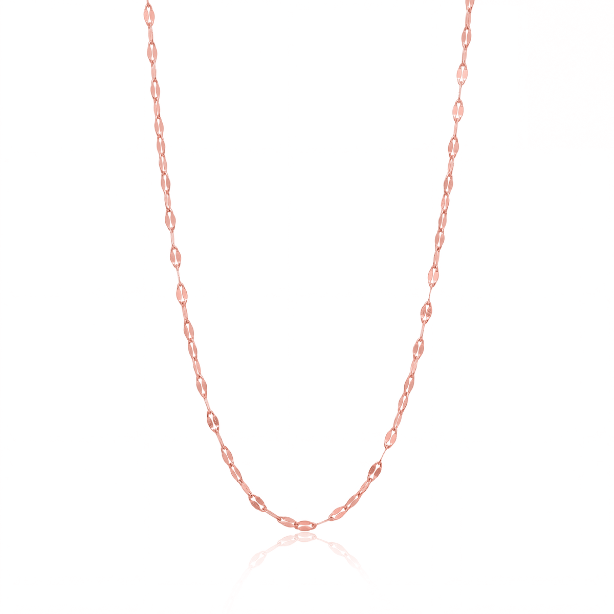 Rose gold buc chain necklace, 2.5 mm flat mirror link chain on white background