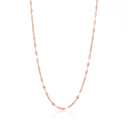 Rose gold buc chain necklace, 2.5 mm flat mirror link chain on white background