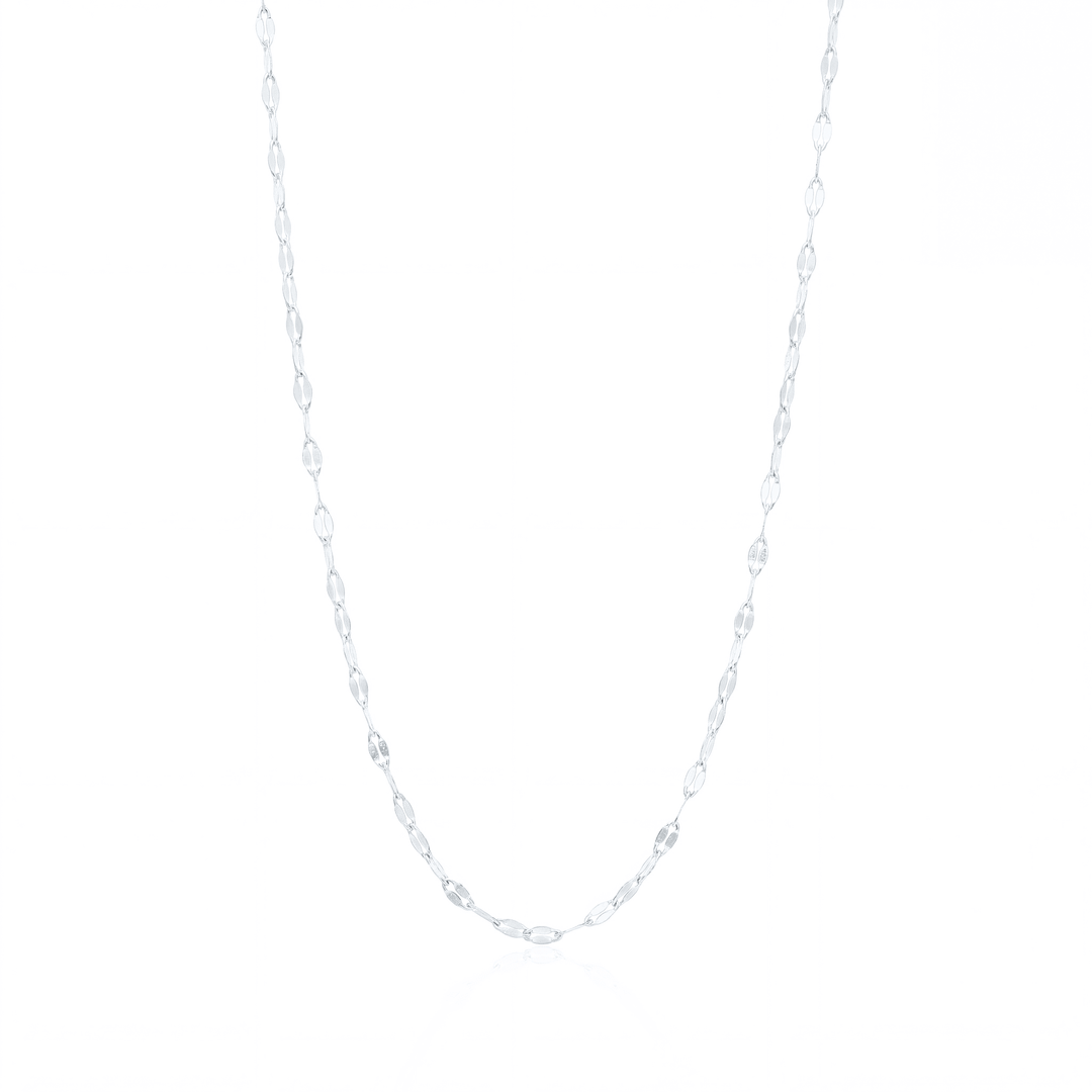 Silver buc chain necklace, 2.5 mm flat mirror link chain on white background