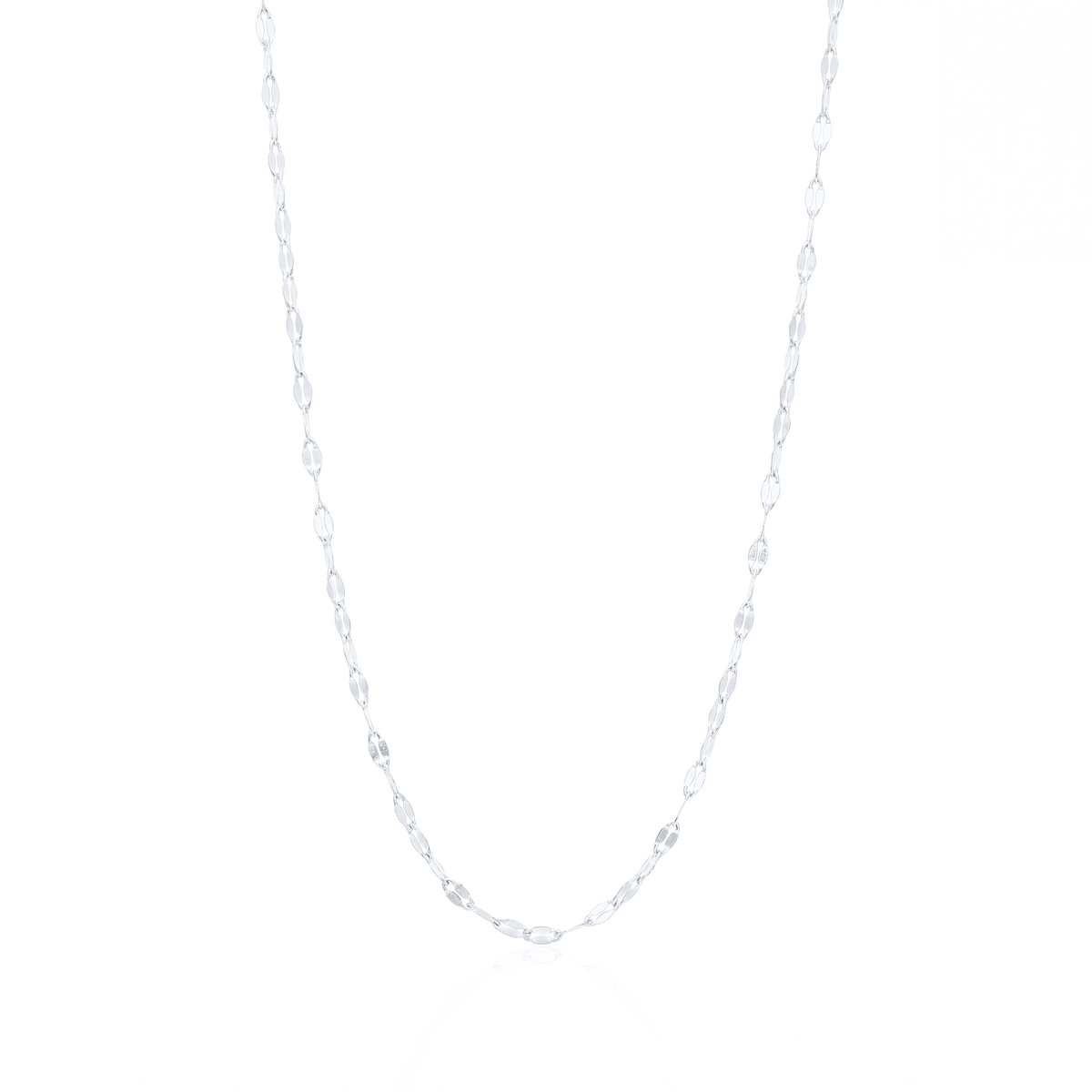 Silver buc chain necklace, 2.5 mm flat mirror link chain on white background