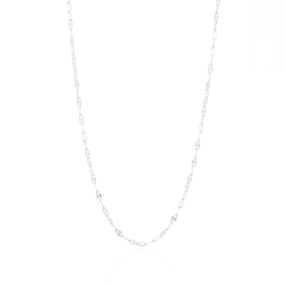 Silver buc chain necklace, 2.5 mm flat mirror link chain on white background