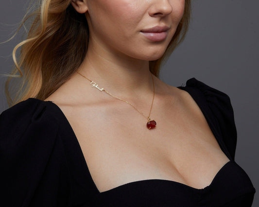 Close detail of the Personalized Carnelian Necklace in 18K Gold Vermeil. Safe for sensitive skin, premium handmade jewelry.