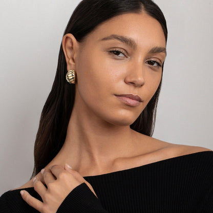 Chunky Croissant Dome Earrings in Glamour Jewelry House gift box — Gold-Plated Steel anniversary gift. No green marks.