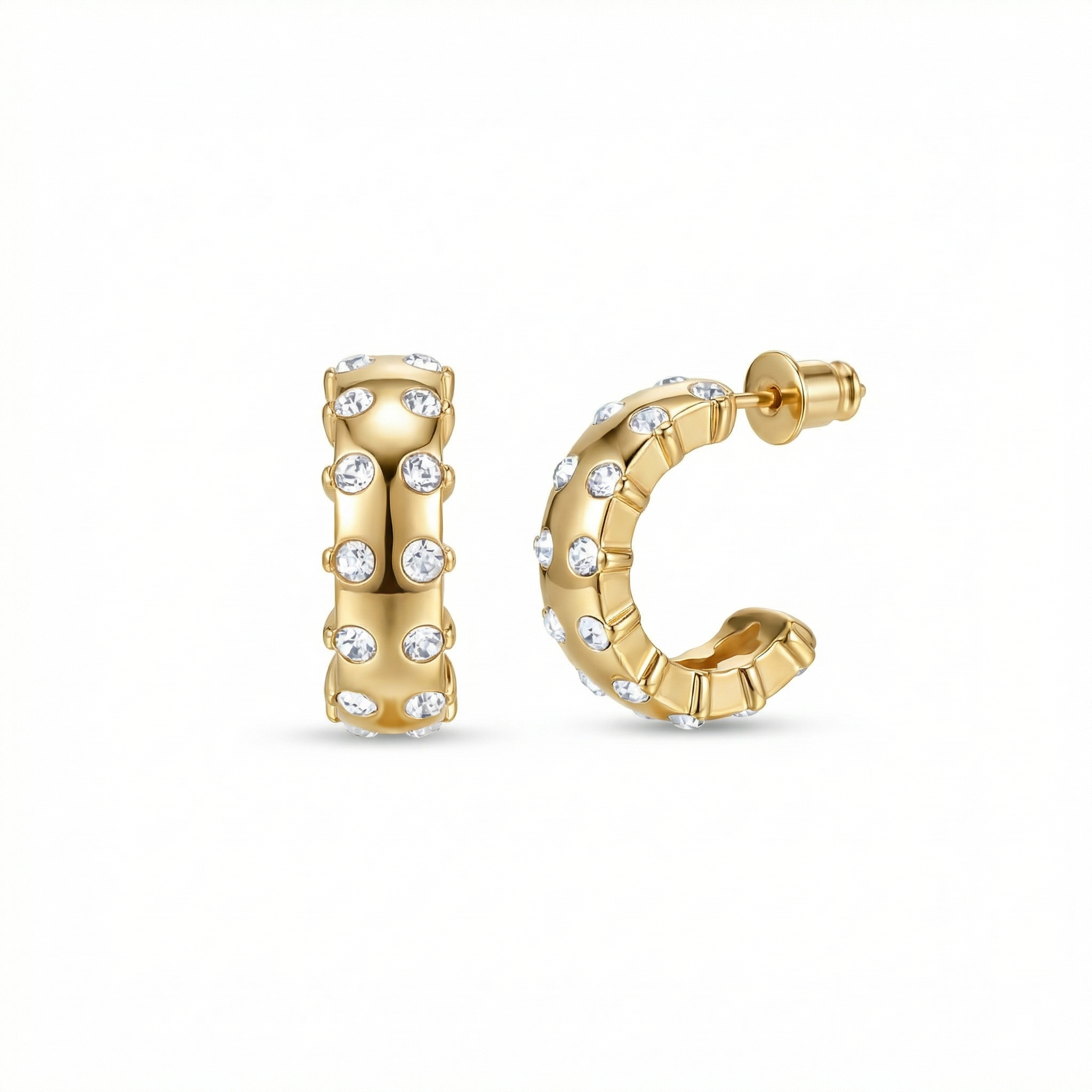 Chunky CZ Diamond Hoop Earrings in Gold-Plated Steel with CZ Diamond. No green marks, perfect for daily wear.