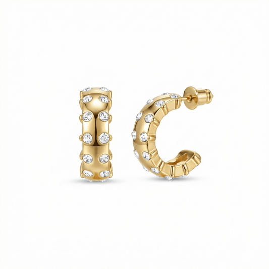 Chunky CZ Diamond Hoop Earrings in Gold-Plated Steel with CZ Diamond. No green marks, perfect for daily wear.