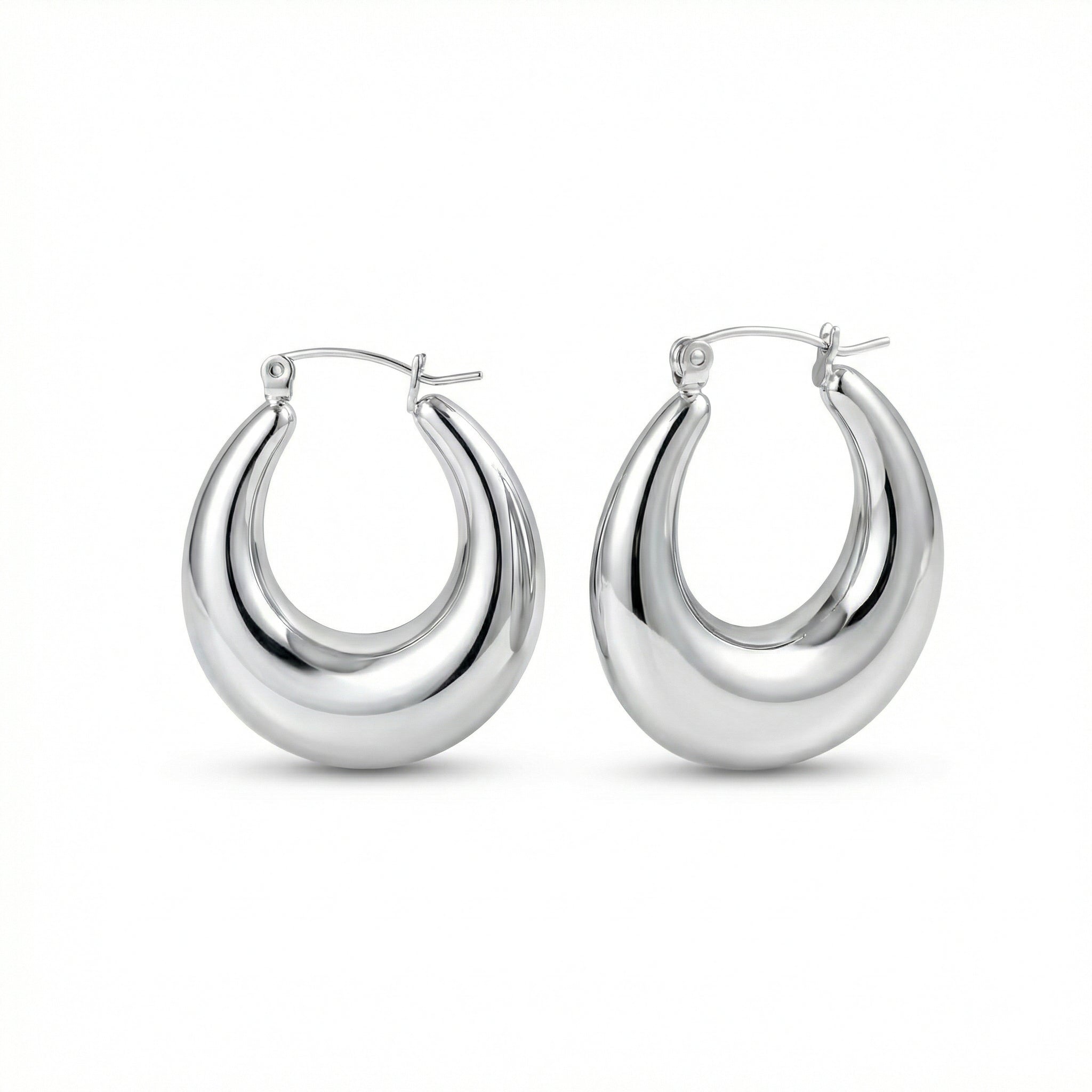 Chunky Silver Hoops in Stainless Steel. Never tarnishes, waterproof, perfect for daily wear.