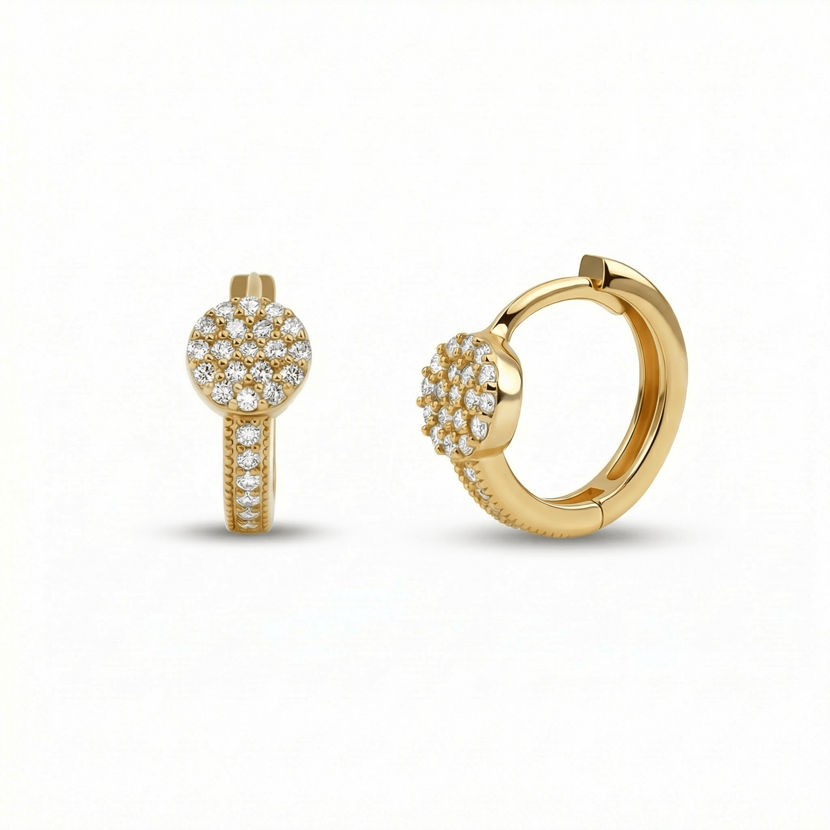 Circle Pavé Hoop Earrings in 18K Gold Vermeil with CZ Diamond. No green marks, perfect for daily wear.