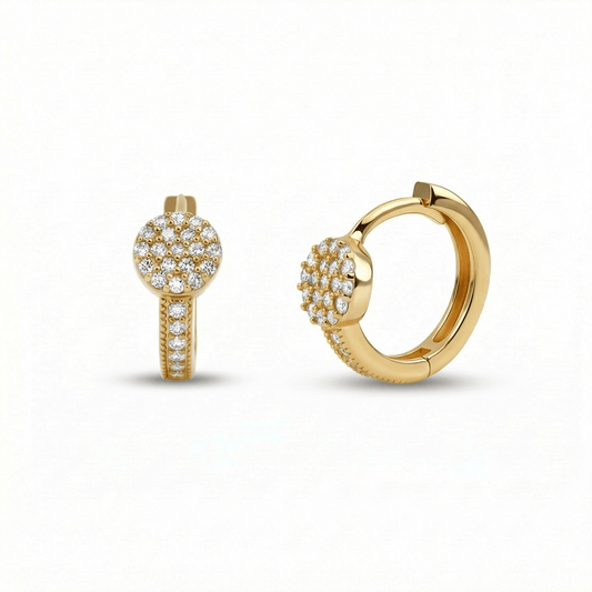 Circle Pavé Hoop Earrings in 18K Gold Vermeil with CZ Diamond. No green marks, perfect for daily wear.