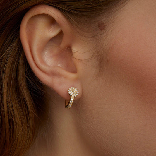 Close detail of the Circle Pavé Hoop Earrings in 18K Gold Vermeil with CZ Diamond. Tarnish-resistant, premium handmade.