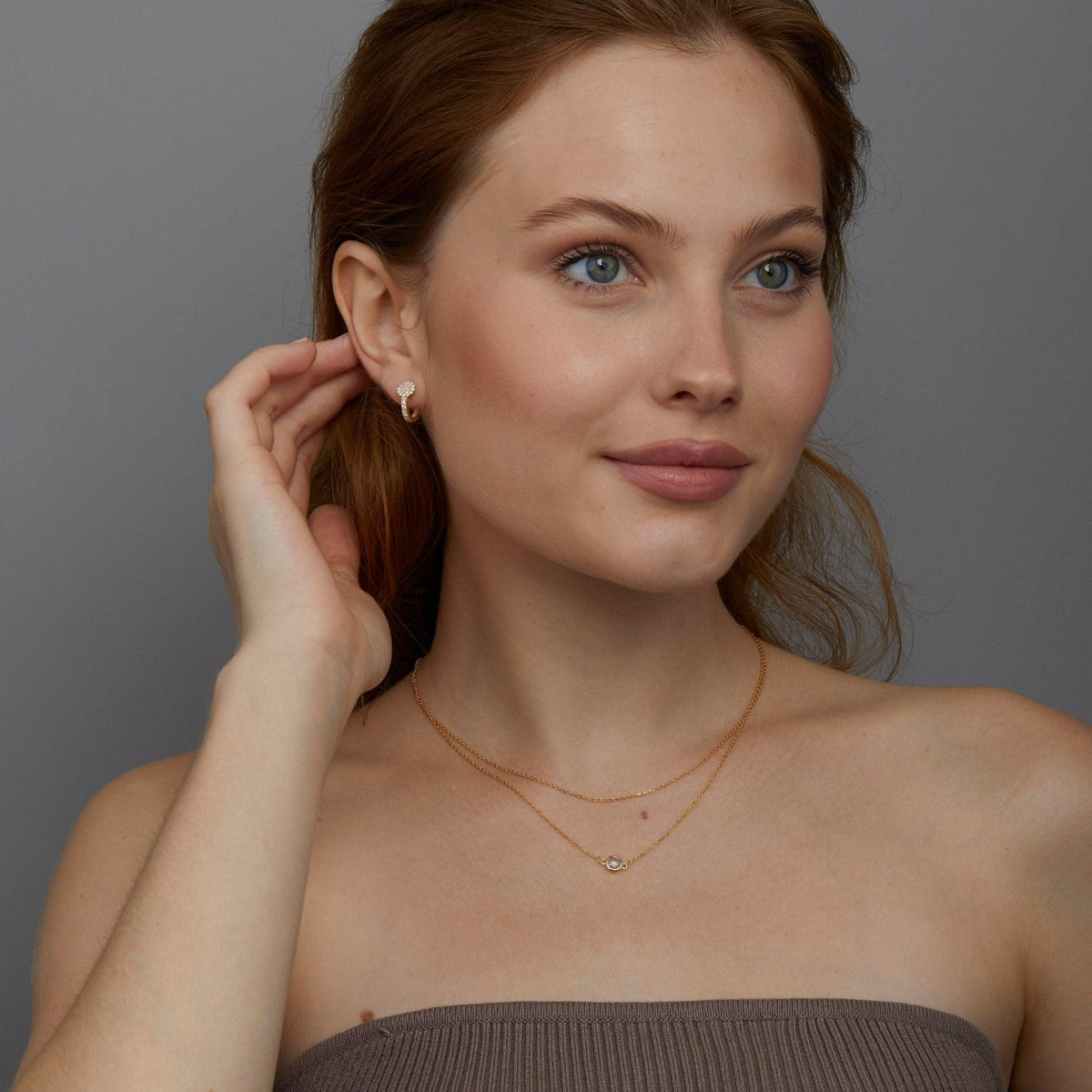 The Circle Pavé Hoop Earrings styled in 18K Gold Vermeil — elegant everyday jewelry. Hypoallergenic for sensitive ears.