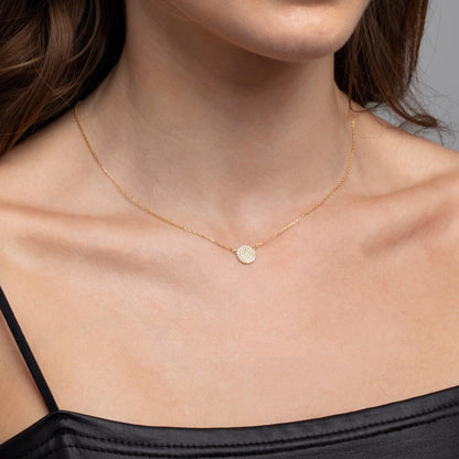 Close detail of the Circle Pendant Necklace in 18K Gold Vermeil with CZ Diamond. Safe for sensitive skin, premium handmade.