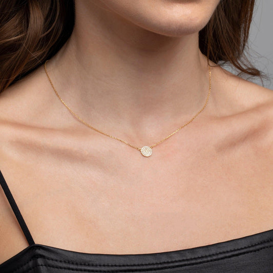 Close detail of the Circle Pendant Necklace in 18K Gold Vermeil with CZ Diamond. Safe for sensitive skin, premium handmade.