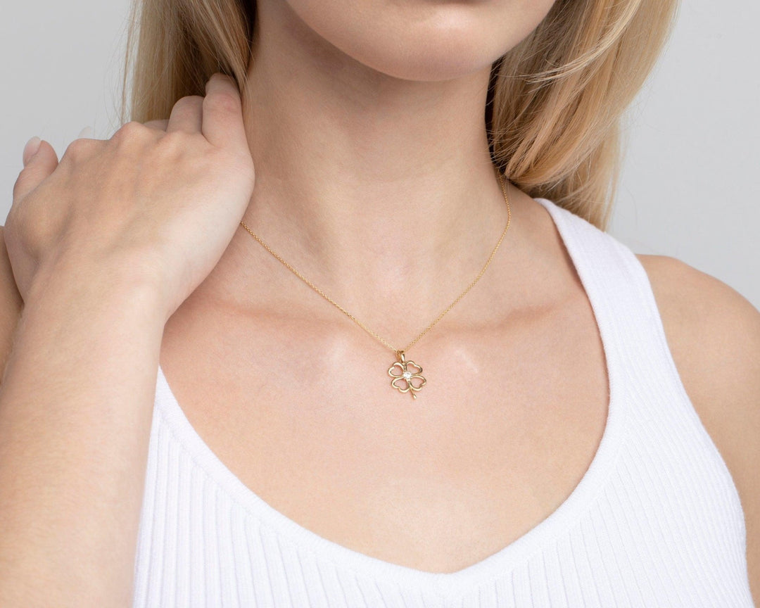 Close detail of the Clover Heart Gold Necklace in 18K Gold Vermeil. Safe for sensitive skin, premium handmade jewelry.