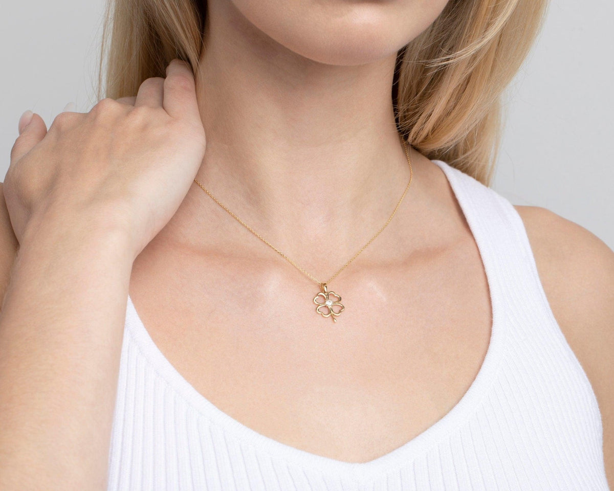 Close detail of the Clover Heart Gold Necklace in 18K Gold Vermeil. Safe for sensitive skin, premium handmade jewelry.