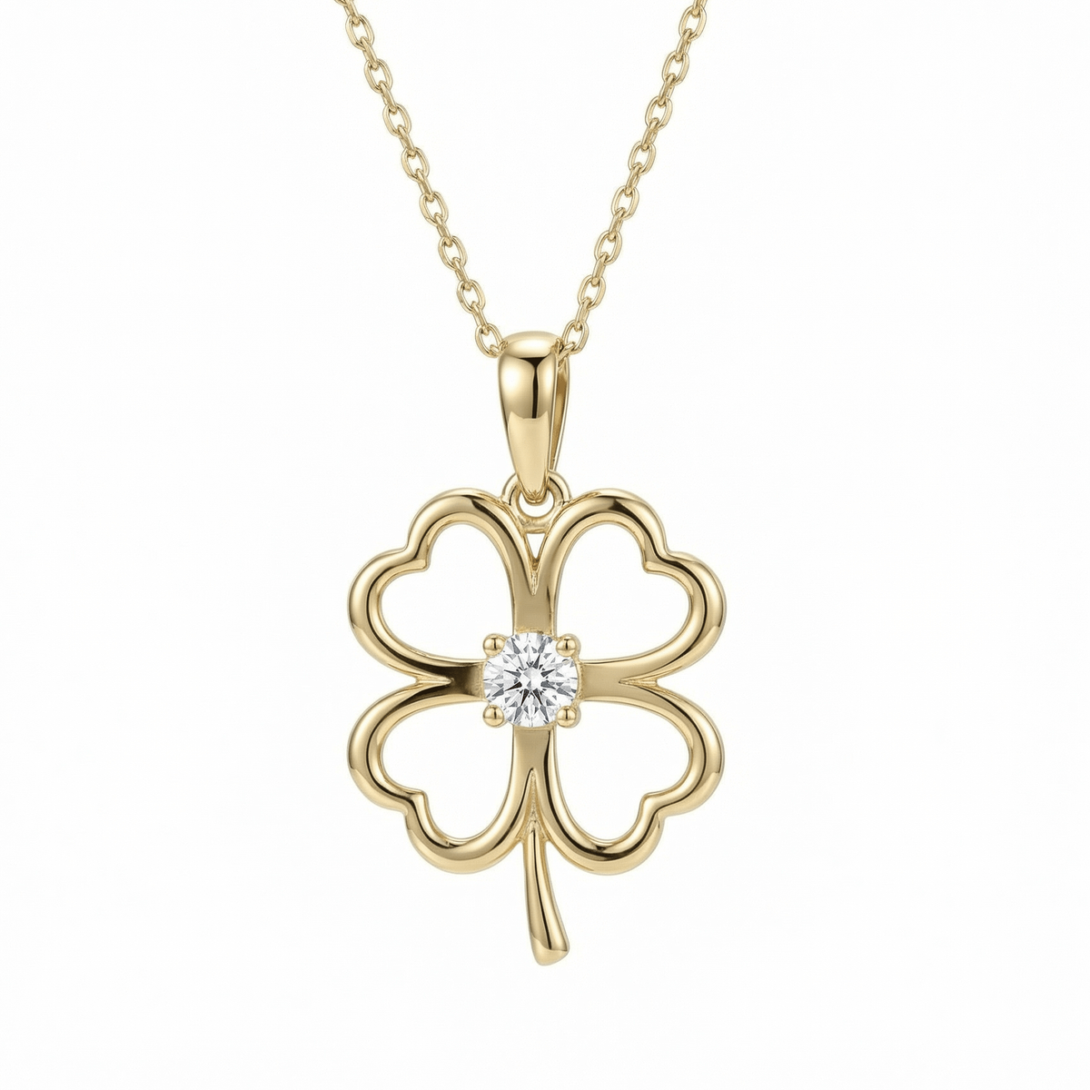 Clover Heart Necklace in 14K solid gold: an open four-leaf clover with heart-shaped leaves and one round CZ at the center.
