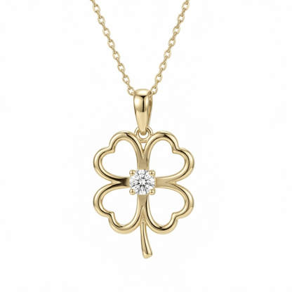 Clover Heart Necklace in 14K solid gold: an open four-leaf clover with heart-shaped leaves and one round CZ at the center.