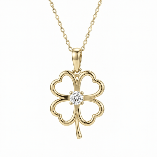 Clover Heart Necklace in 14K solid gold: an open four-leaf clover with heart-shaped leaves and one round CZ at the center.