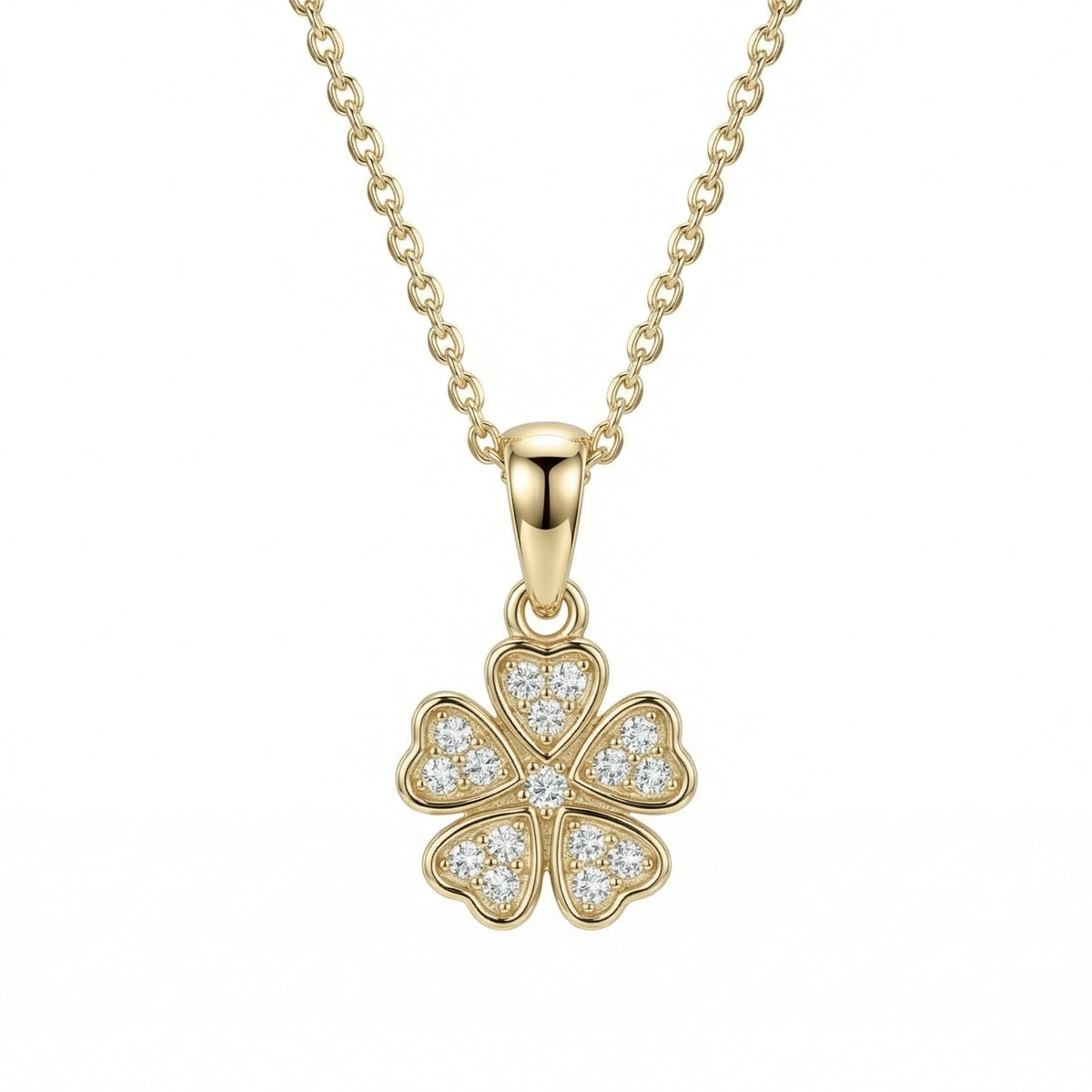 Clover Necklace in 14K solid gold: five heart-shaped leaves set with clear CZ stones, on a fine cable chain.