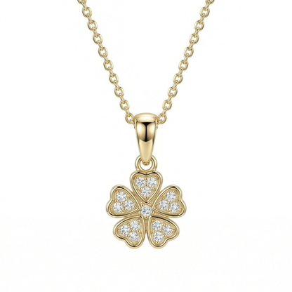 Clover Necklace in 14K solid gold: five heart-shaped leaves set with clear CZ stones, on a fine cable chain.